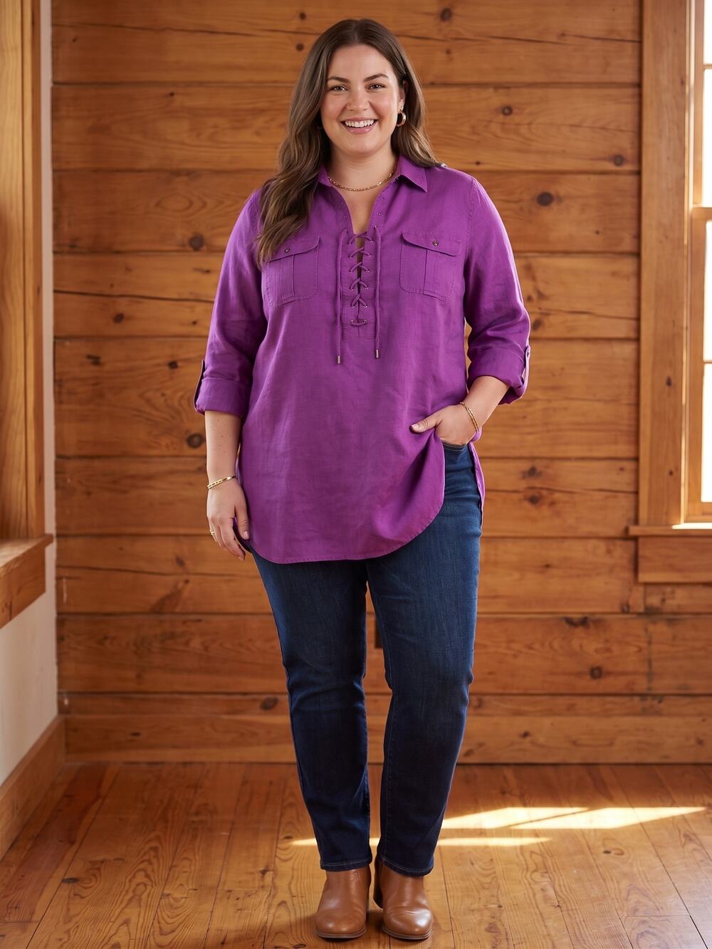 Lauren Ralph Lauren Purple 100% Linen Lace Up Tunic Top Womens XL